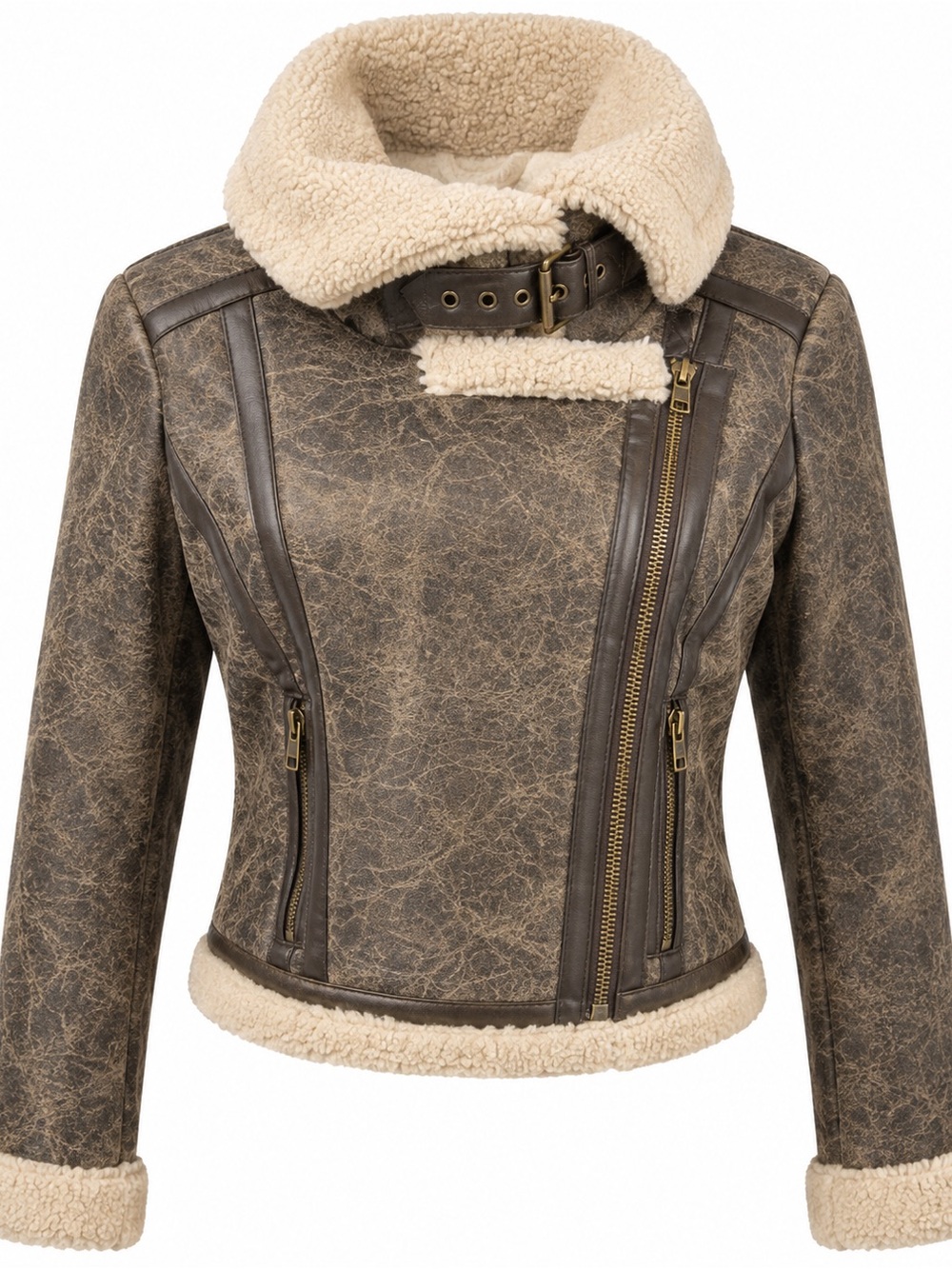 Ci Sono Faux Shearling Moto Jacket Distressed Brown Size S